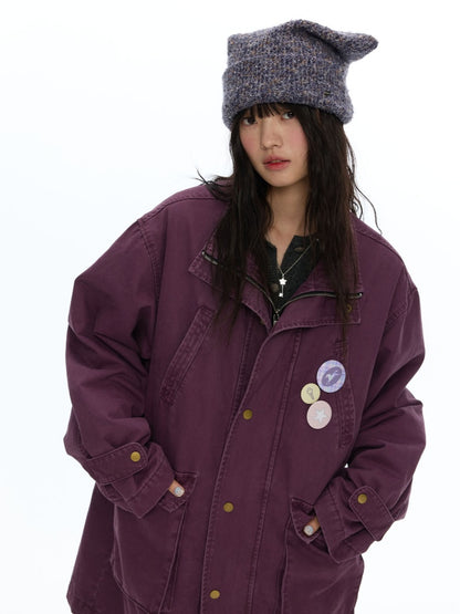 Vintage Purple Distressed Quilted Mid-Length Work Cotton Jacket【s0000018613】