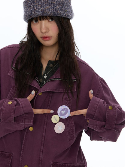 Vintage Purple Distressed Quilted Mid-Length Work Cotton Jacket【s0000018613】
