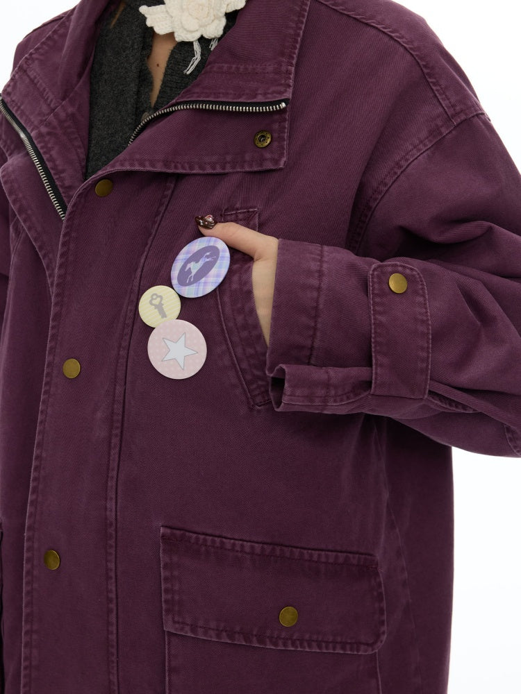 Vintage Purple Distressed Quilted Mid-Length Work Cotton Jacket【s0000018613】
