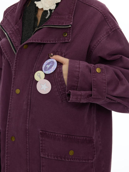 Vintage Purple Distressed Quilted Mid-Length Work Cotton Jacket【s0000018613】
