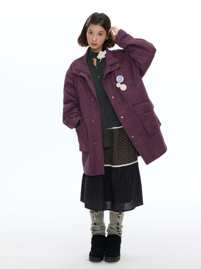 Vintage Purple Distressed Quilted Mid-Length Work Cotton Jacket【s0000018613】