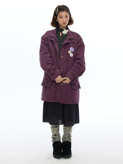 Vintage Purple Distressed Quilted Mid-Length Work Cotton Jacket【s0000018613】