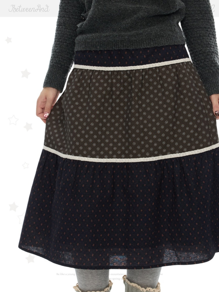 Vintage Coffee-Colored Floral Lace Patchwork Pure Cotton Long Skirt【s0000018614】