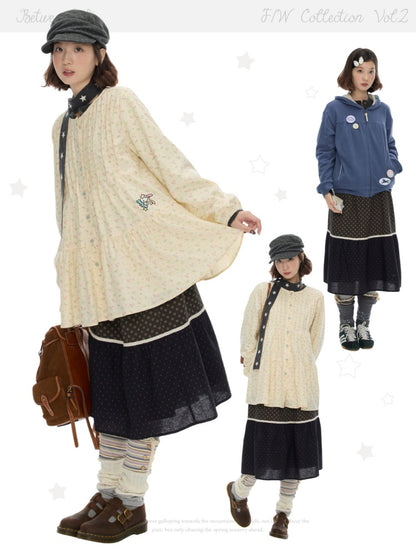 Vintage Coffee-Colored Floral Lace Patchwork Pure Cotton Long Skirt【s0000018614】