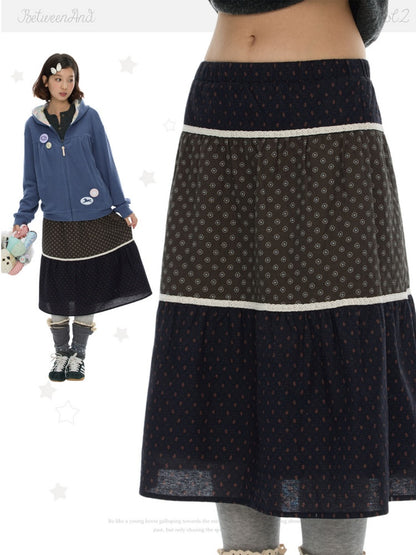 Vintage Coffee-Colored Floral Lace Patchwork Pure Cotton Long Skirt【s0000018614】