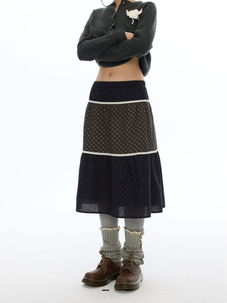 Vintage Coffee-Colored Floral Lace Patchwork Pure Cotton Long Skirt【s0000018614】