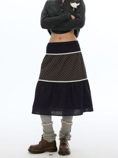 Vintage Coffee-Colored Floral Lace Patchwork Pure Cotton Long Skirt【s0000018614】