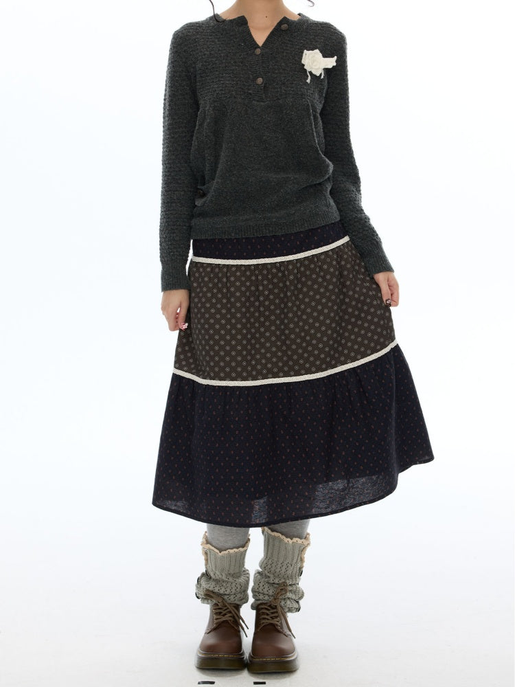 Vintage Coffee-Colored Floral Lace Patchwork Pure Cotton Long Skirt【s0000018614】