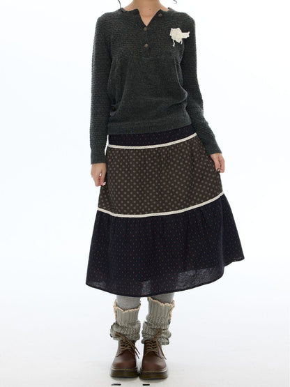 Vintage Coffee-Colored Floral Lace Patchwork Pure Cotton Long Skirt【s0000018614】