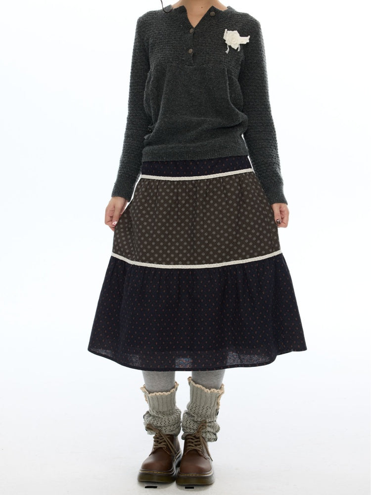 Vintage Coffee-Colored Floral Lace Patchwork Pure Cotton Long Skirt【s0000018614】