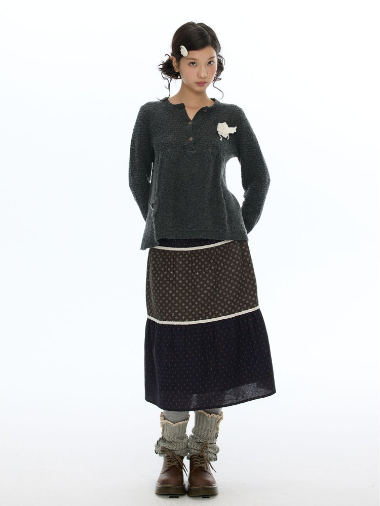 Vintage Coffee-Colored Floral Lace Patchwork Pure Cotton Long Skirt【s0000018614】