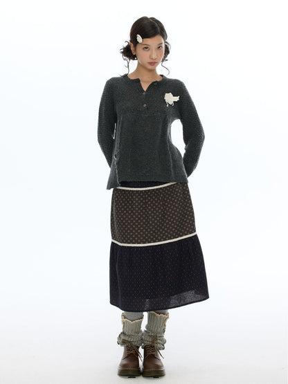 Vintage Coffee-Colored Floral Lace Patchwork Pure Cotton Long Skirt【s0000018614】