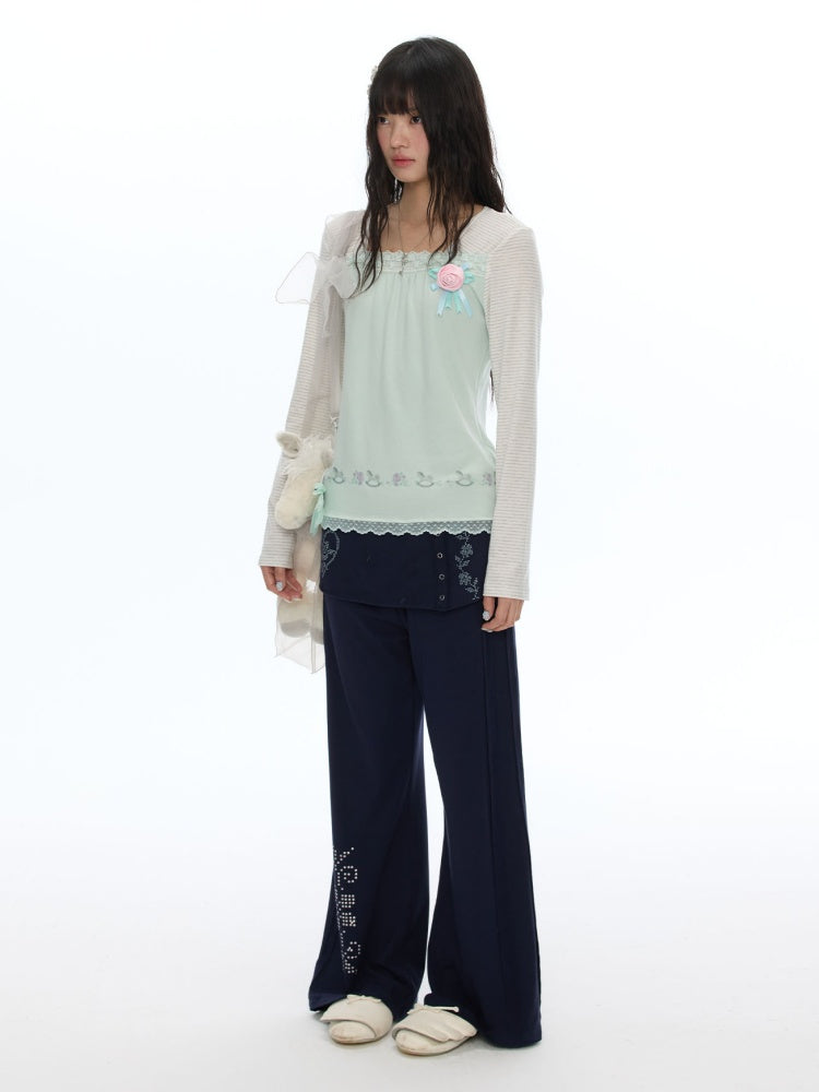 Two-Tone Square-Neck Striped Patchwork Lace Long Sleeve T-shirt【s0000018617】