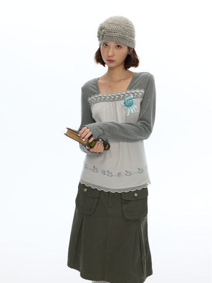 Two-Tone Square-Neck Striped Patchwork Lace Long Sleeve T-shirt【s0000018617】