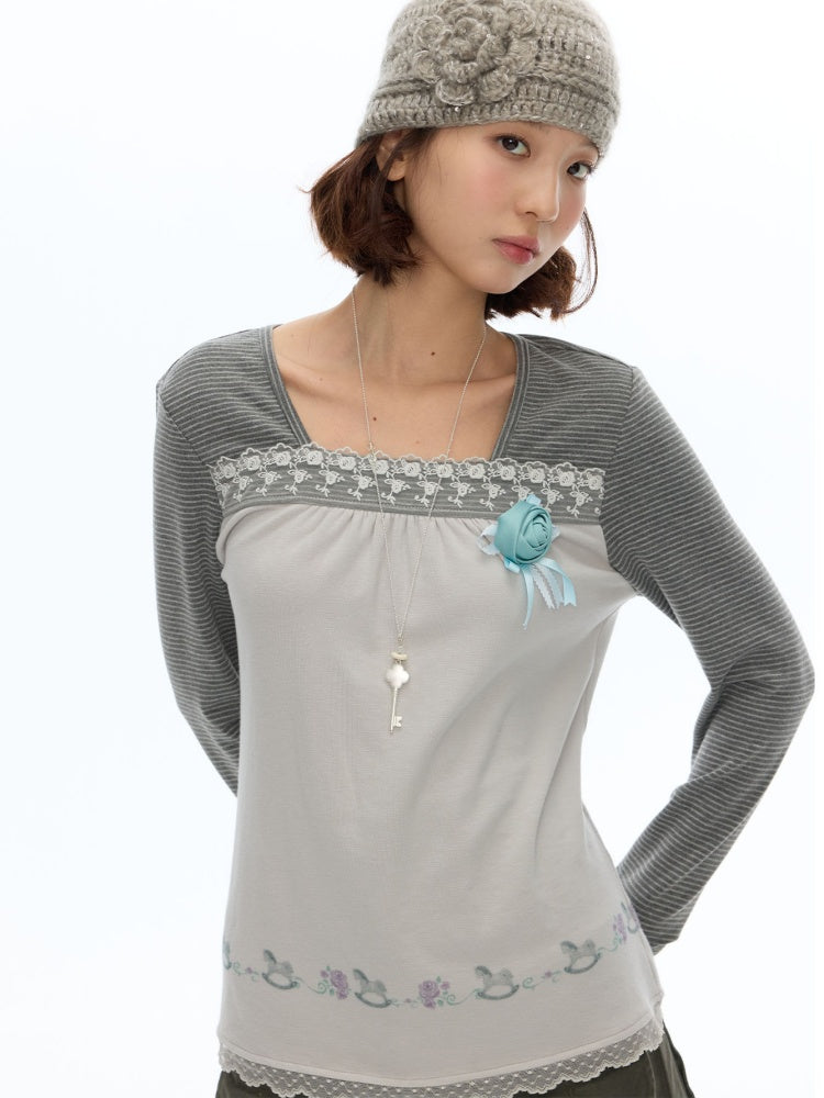 Two-Tone Square-Neck Striped Patchwork Lace Long Sleeve T-shirt【s0000018617】