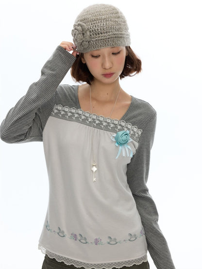 Two-Tone Square-Neck Striped Patchwork Lace Long Sleeve T-shirt【s0000018617】
