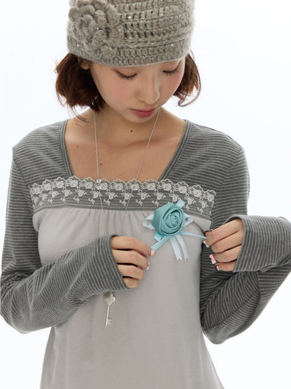 Two-Tone Square-Neck Striped Patchwork Lace Long Sleeve T-shirt【s0000018617】