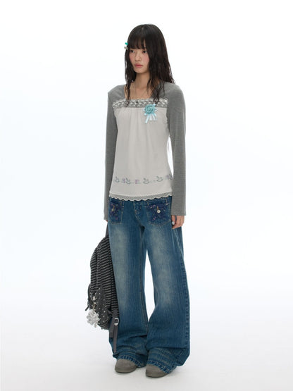 Two-Tone Square-Neck Striped Patchwork Lace Long Sleeve T-shirt【s0000018617】