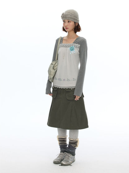 Two-Tone Square-Neck Striped Patchwork Lace Long Sleeve T-shirt【s0000018617】