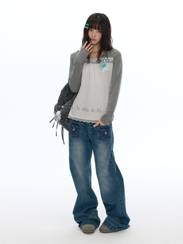 Two-Tone Square-Neck Striped Patchwork Lace Long Sleeve T-shirt【s0000018617】