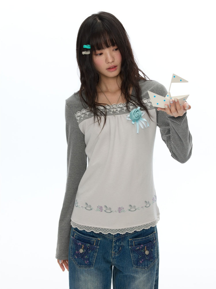 Two-Tone Square-Neck Striped Patchwork Lace Long Sleeve T-shirt【s0000018617】