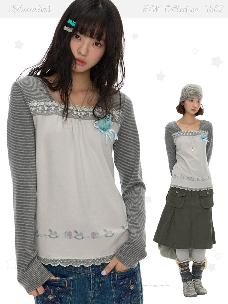 Two-Tone Square-Neck Striped Patchwork Lace Long Sleeve T-shirt【s0000018617】