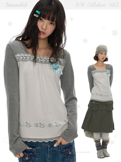 Two-Tone Square-Neck Striped Patchwork Lace Long Sleeve T-shirt【s0000018617】
