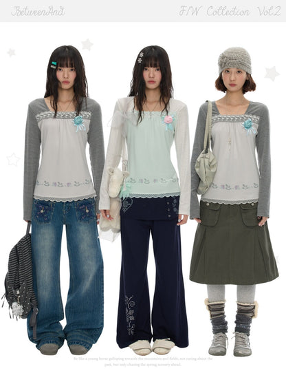 Two-Tone Square-Neck Striped Patchwork Lace Long Sleeve T-shirt【s0000018617】