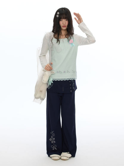 Two-Tone Square-Neck Striped Patchwork Lace Long Sleeve T-shirt【s0000018617】