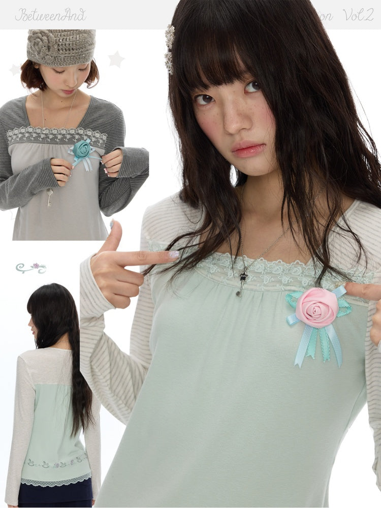 Two-Tone Square-Neck Striped Patchwork Lace Long Sleeve T-shirt【s0000018617】