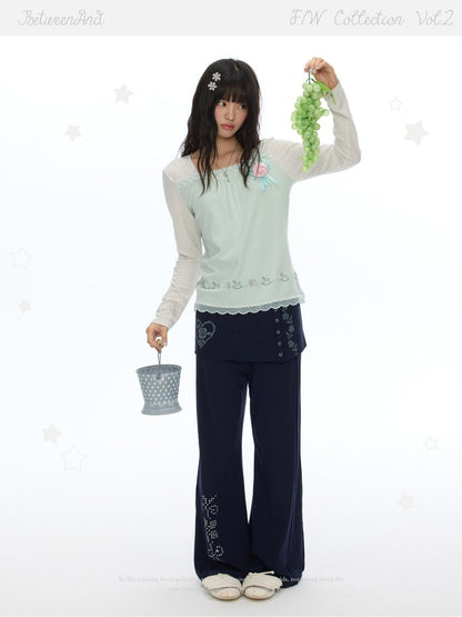 Two-Tone Square-Neck Striped Patchwork Lace Long Sleeve T-shirt【s0000018617】