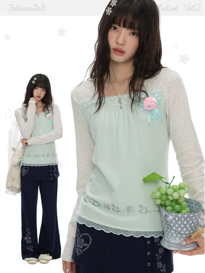 Two-Tone Square-Neck Striped Patchwork Lace Long Sleeve T-shirt【s0000018617】