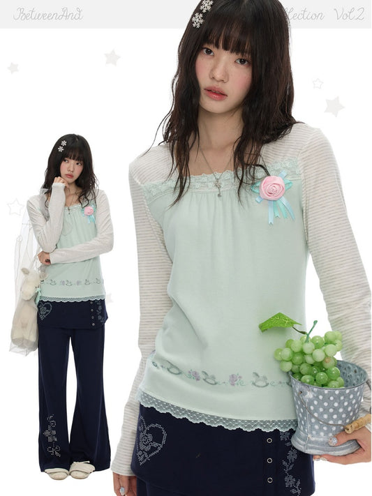 Two-Tone Square-Neck Striped Patchwork Lace Long Sleeve T-shirt【s0000018617】