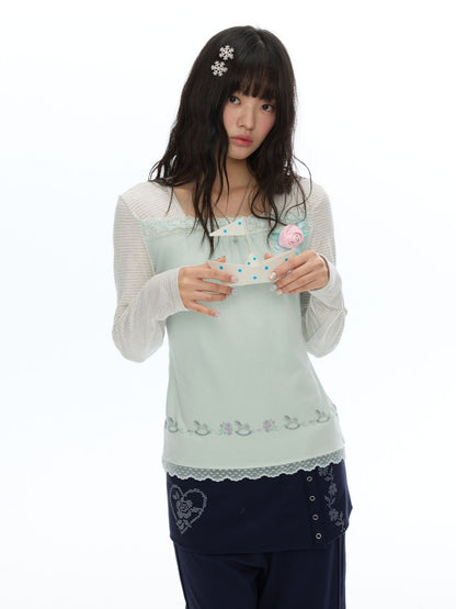 Two-Tone Square-Neck Striped Patchwork Lace Long Sleeve T-shirt【s0000018617】