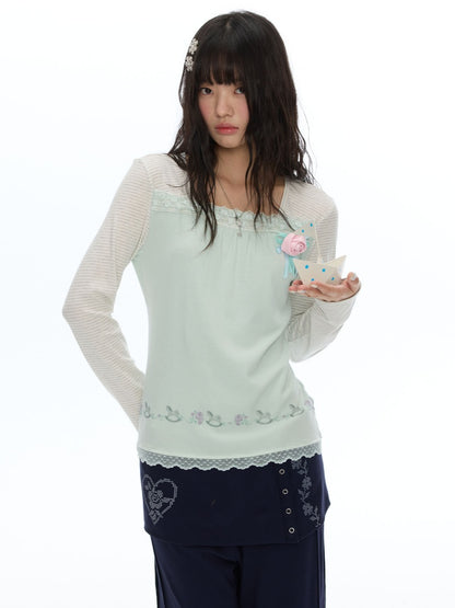 Two-Tone Square-Neck Striped Patchwork Lace Long Sleeve T-shirt【s0000018617】