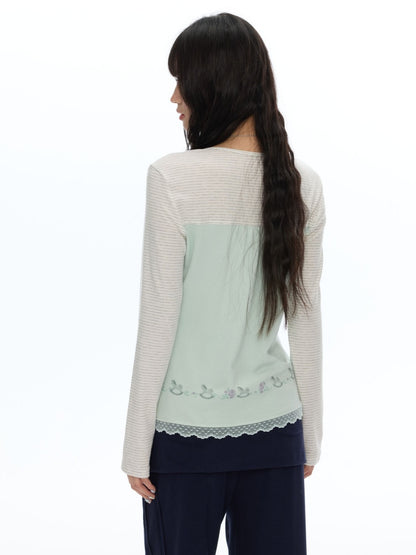 Two-Tone Square-Neck Striped Patchwork Lace Long Sleeve T-shirt【s0000018617】