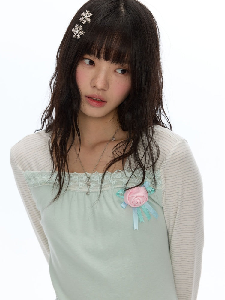 Two-Tone Square-Neck Striped Patchwork Lace Long Sleeve T-shirt【s0000018617】
