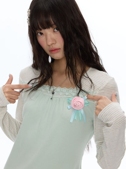 Two-Tone Square-Neck Striped Patchwork Lace Long Sleeve T-shirt【s0000018617】