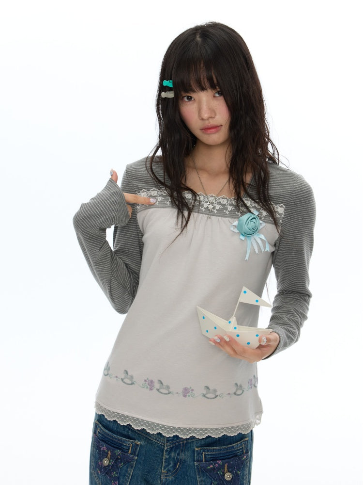 Two-Tone Square-Neck Striped Patchwork Lace Long Sleeve T-shirt【s0000018617】