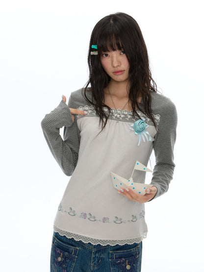 Two-Tone Square-Neck Striped Patchwork Lace Long Sleeve T-shirt【s0000018617】