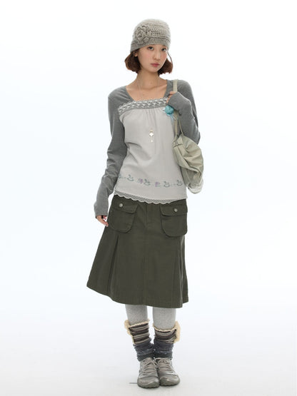 Two-Tone Square-Neck Striped Patchwork Lace Long Sleeve T-shirt【s0000018617】