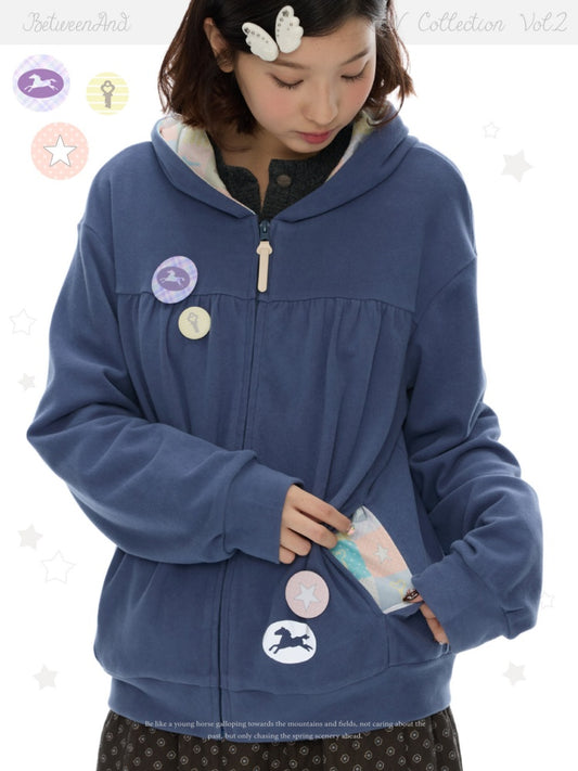 Mist Blue Double-Sided Fleece Pleated Sweat Hoodie Jacket【s0000018618】