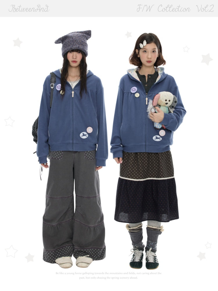 Mist Blue Double-Sided Fleece Pleated Sweat Hoodie Jacket【s0000018618】