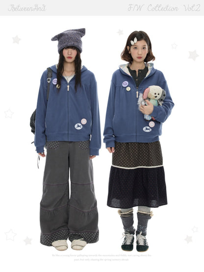 Mist Blue Double-Sided Fleece Pleated Sweat Hoodie Jacket【s0000018618】