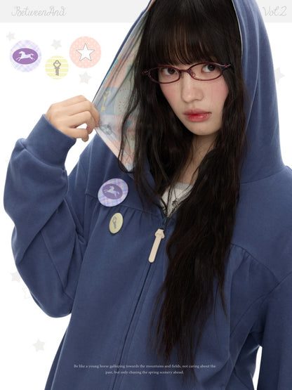 Mist Blue Double-Sided Fleece Pleated Sweat Hoodie Jacket【s0000018618】