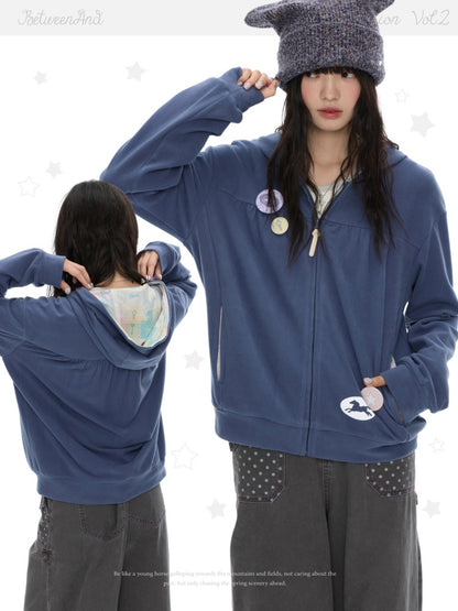 Mist Blue Double-Sided Fleece Pleated Sweat Hoodie Jacket【s0000018618】