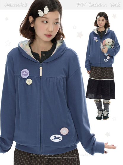 Mist Blue Double-Sided Fleece Pleated Sweat Hoodie Jacket【s0000018618】