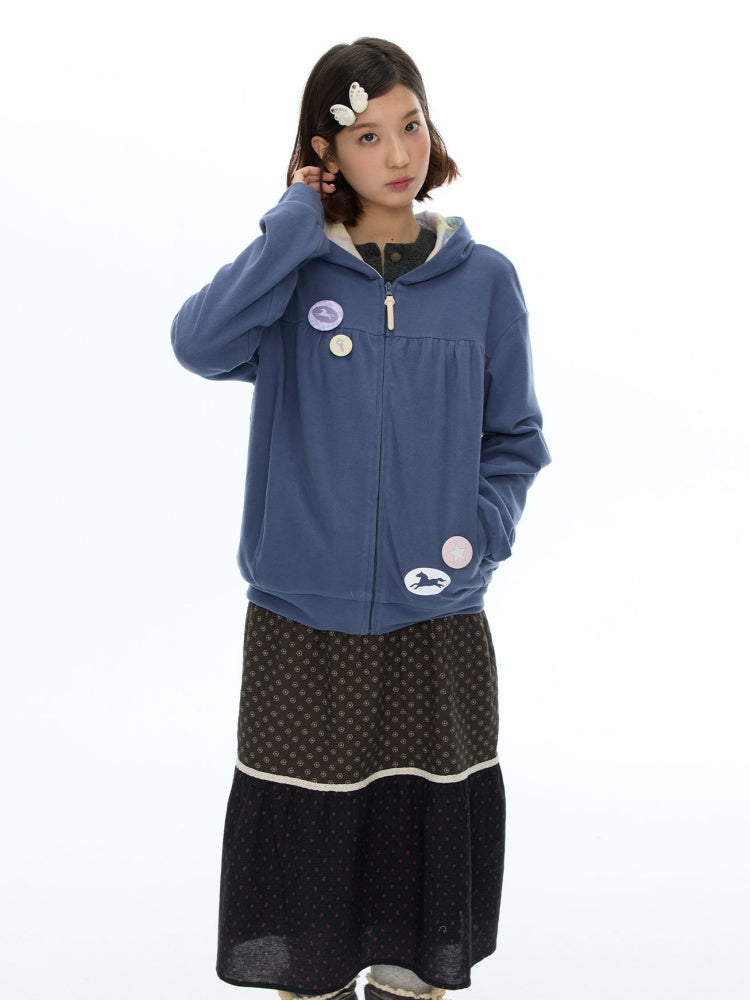 Mist Blue Double-Sided Fleece Pleated Sweat Hoodie Jacket【s0000018618】