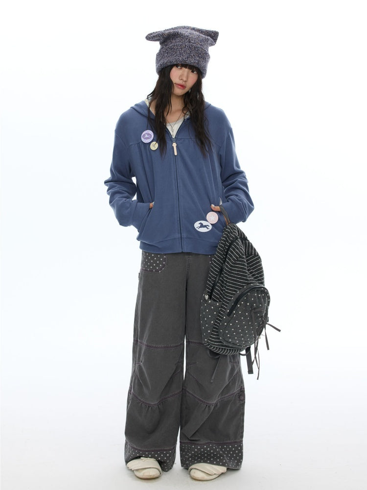 Mist Blue Double-Sided Fleece Pleated Sweat Hoodie Jacket【s0000018618】