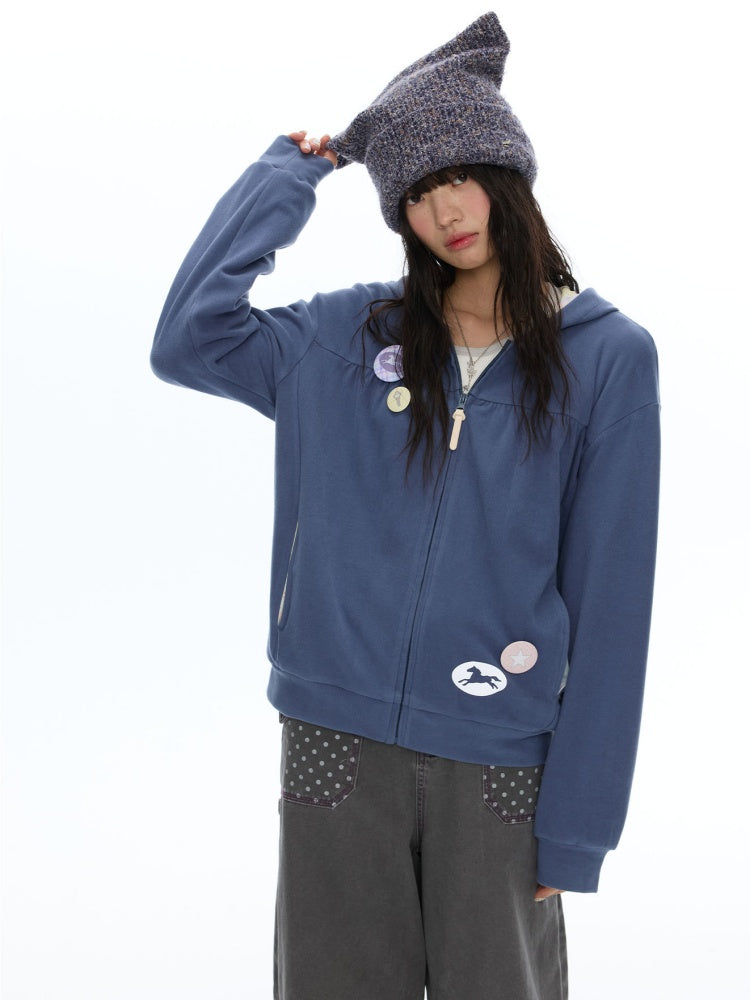 Mist Blue Double-Sided Fleece Pleated Sweat Hoodie Jacket【s0000018618】